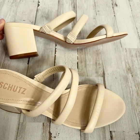 SCHUTZ Olly Mid Block Heel Sandal Nappa Leather 3 Strap In Eggshell Size 10 - Picture 4 of 11